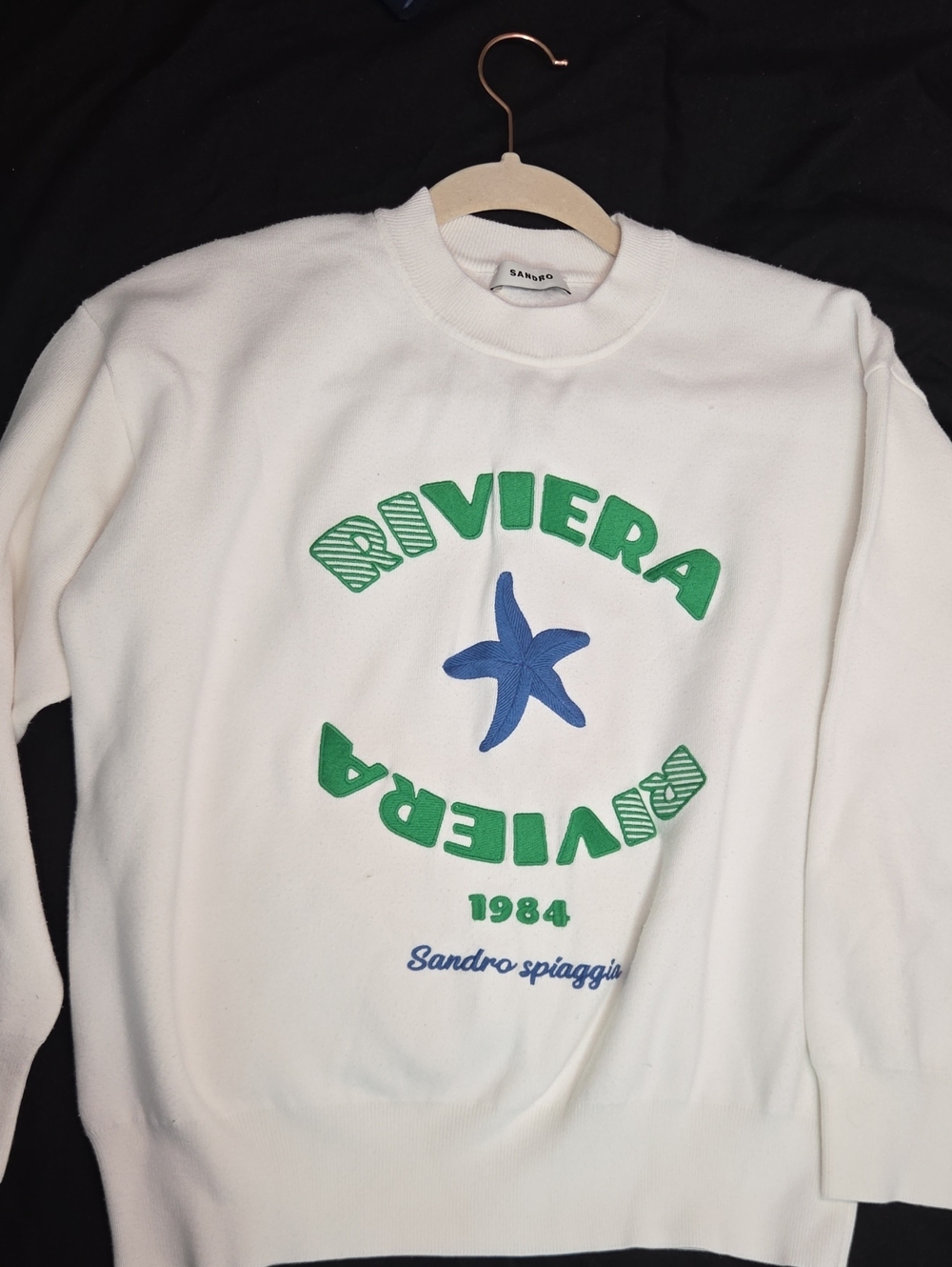 Sandro Paris White Green Embroidered Riviera Sweatshirt Pullover Size 1 US S Sma